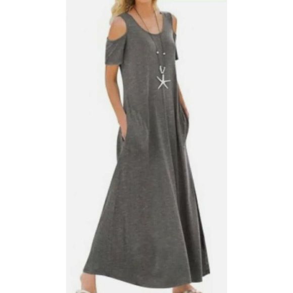 5/$25 Soft Surroundings Electra Maxi Dress Heathered Gray Cold Shoulder XS - Picture 1 of 5